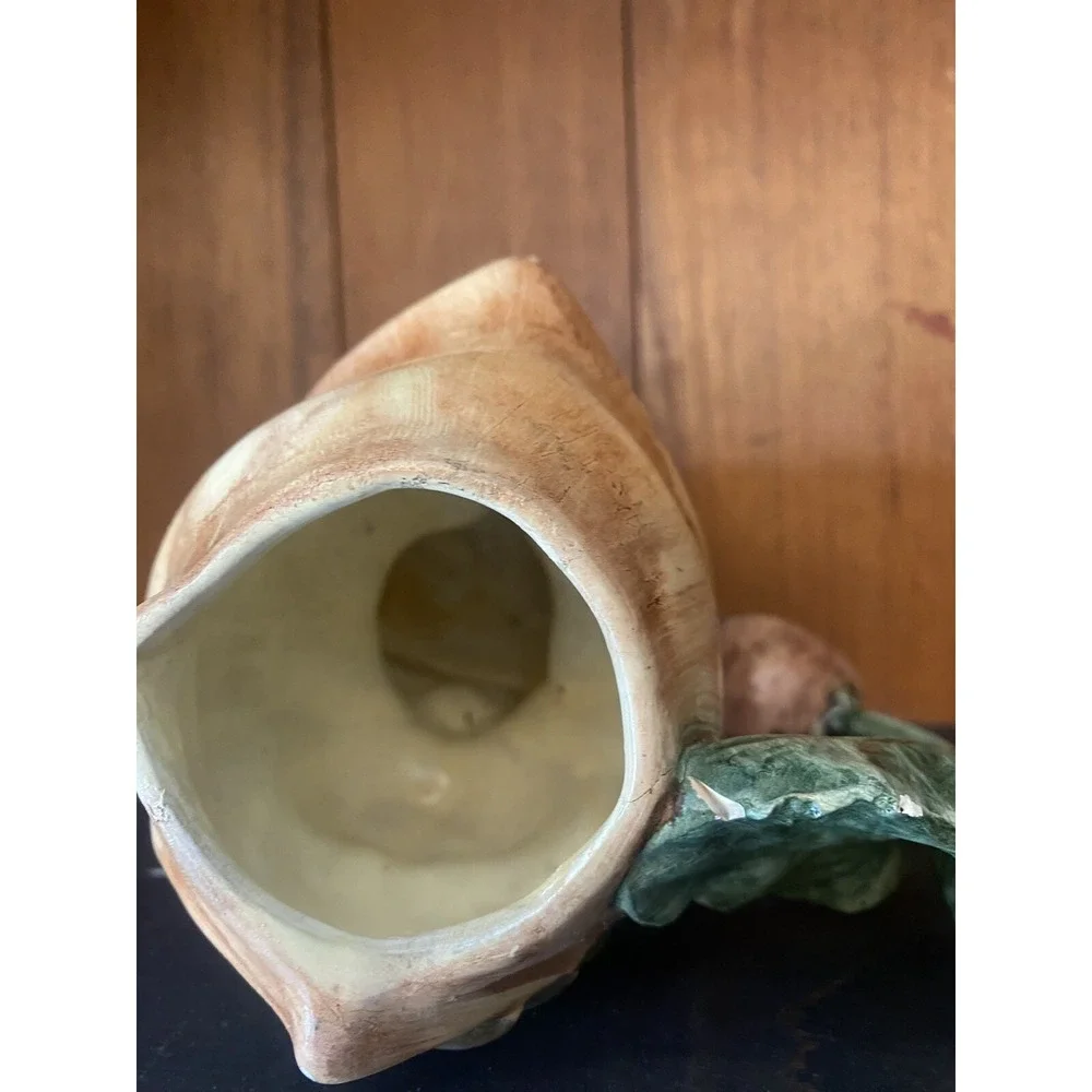 2 Vintage Jug Head Figural Girl Boy Vase Mug w/vegetable Radish Eggplant handle